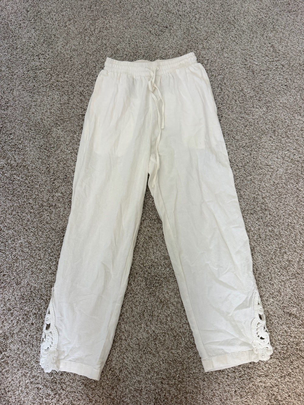 White Drawstring Crochet Hem Pants